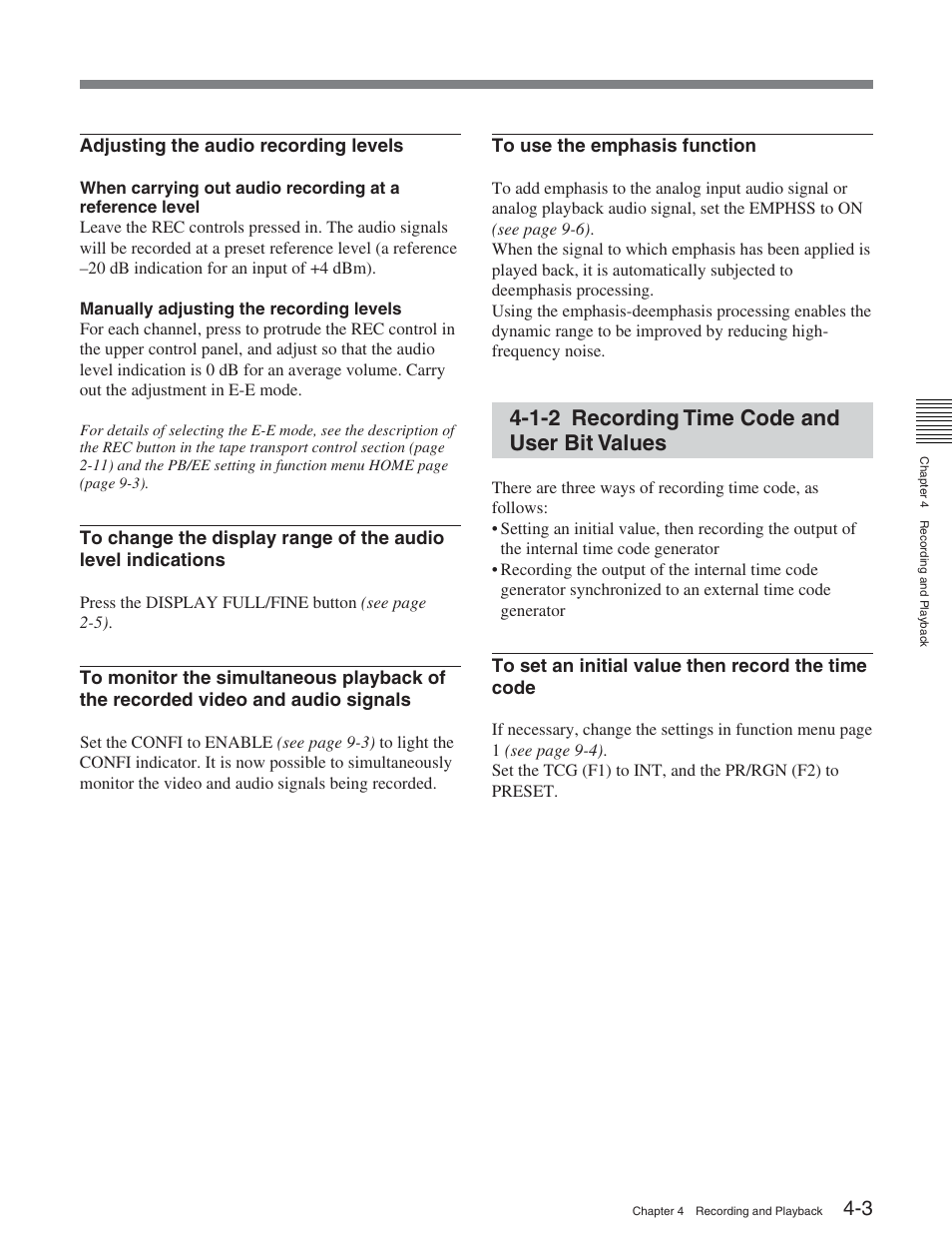 1-2 recording time code and user bit values | Sony HDW-S2000 User Manual | Page 45 / 158