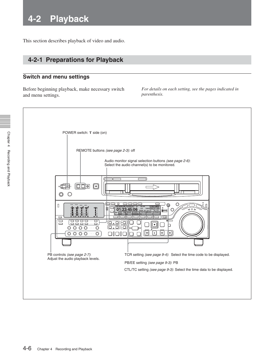 2 playback, 2-1 preparations for playback, Switch and menu settings | Sony HDW-S2000 User Manual | Page 48 / 158