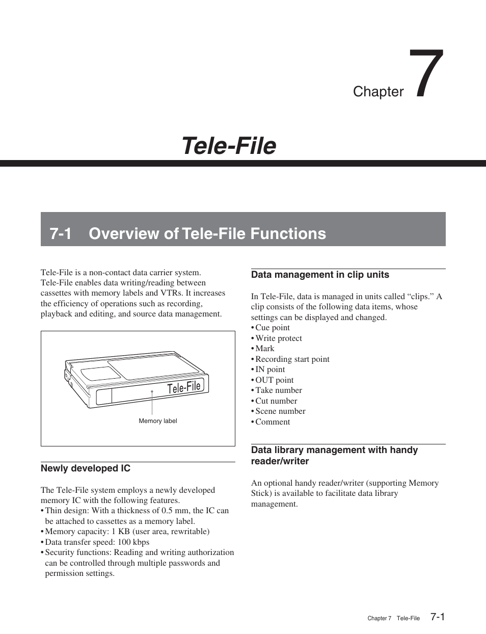 Chapter 7 tele-file, 1 overview of tele-file functions, Tele-file | Sony HDW-S2000 User Manual | Page 83 / 158