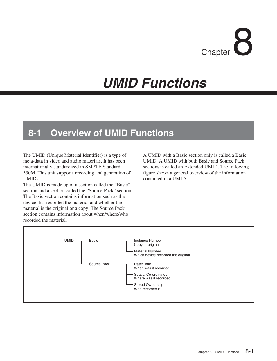 Chapter 8 umid functions, 1 overview of umid functions, Umid functions | Chapter | Sony HDW-S2000 User Manual | Page 95 / 158