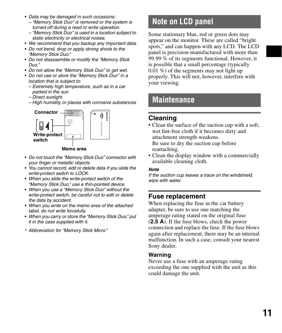Note on lcd panel, Maintenance, Cleaning | Fuse replacement | Sony NV-U84 User Manual | Page 11 / 60