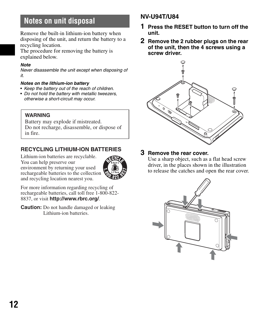 Notes on unit disposal | Sony NV-U84 User Manual | Page 12 / 60