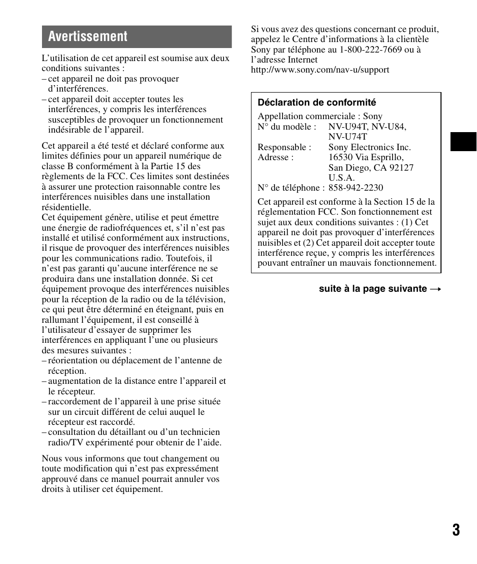 Avertissement | Sony NV-U84 User Manual | Page 21 / 60