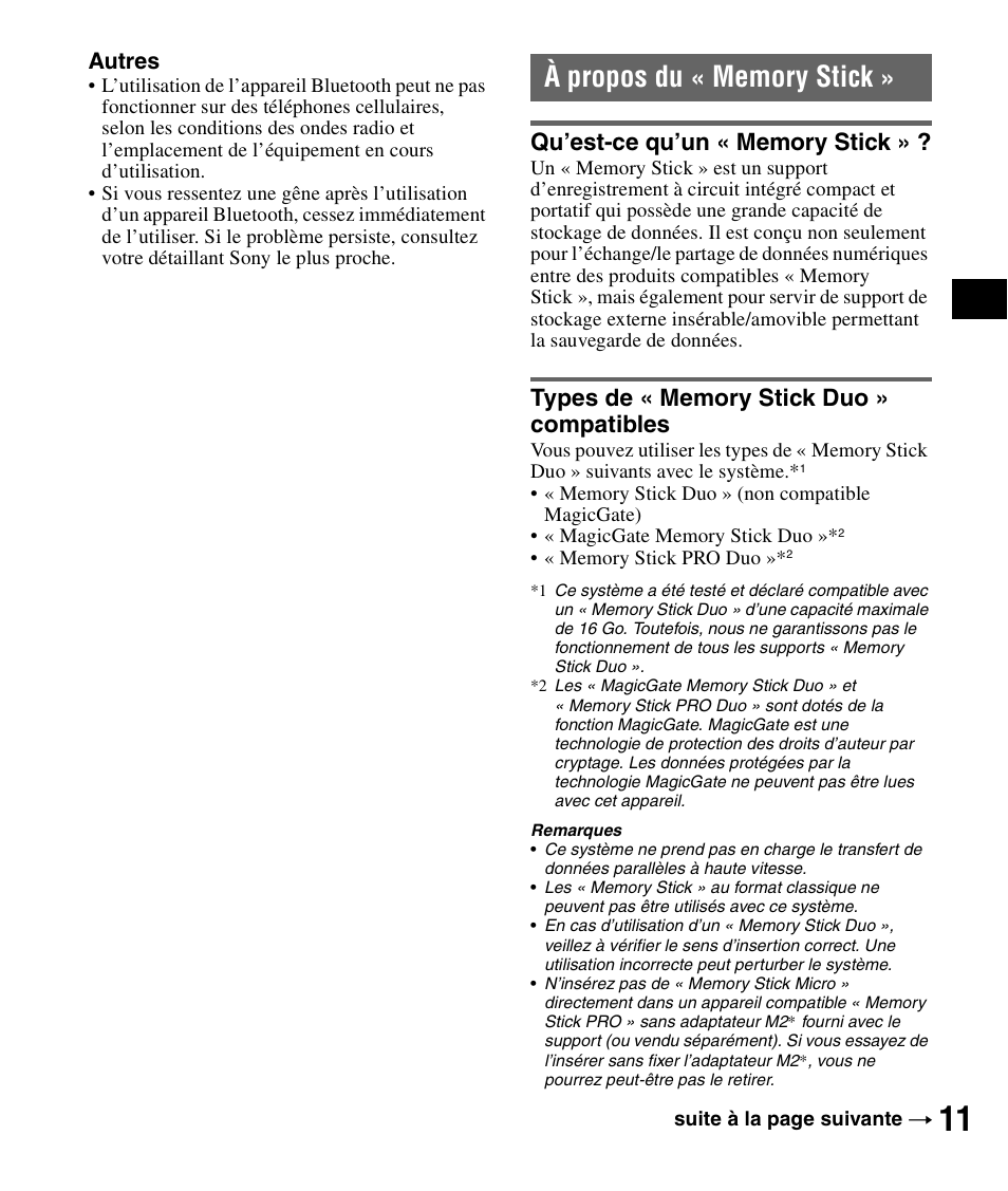 À propos du « memory stick, Qu’est-ce qu’un « memory stick, Types de « memory stick duo » compatibles | Autres | Sony NV-U84 User Manual | Page 29 / 60
