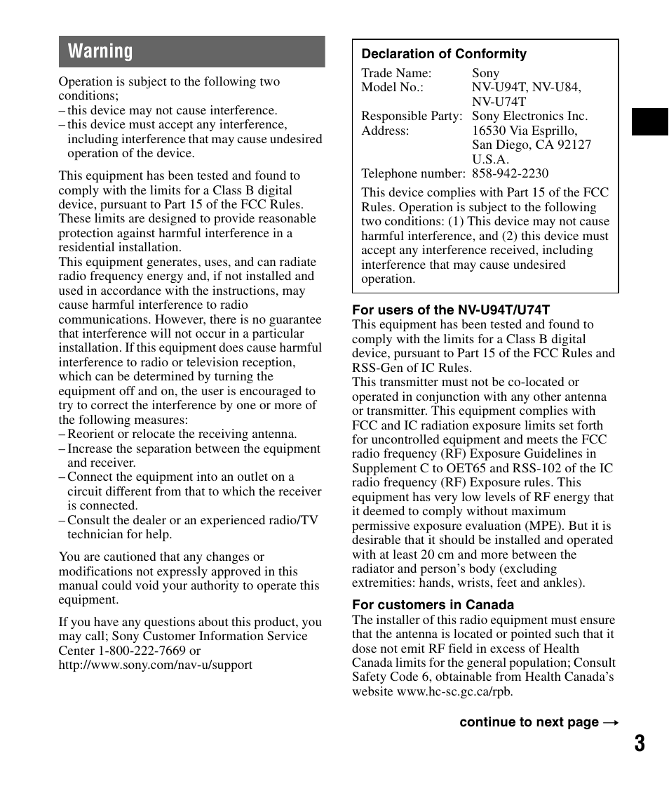 Warning | Sony NV-U84 User Manual | Page 3 / 60