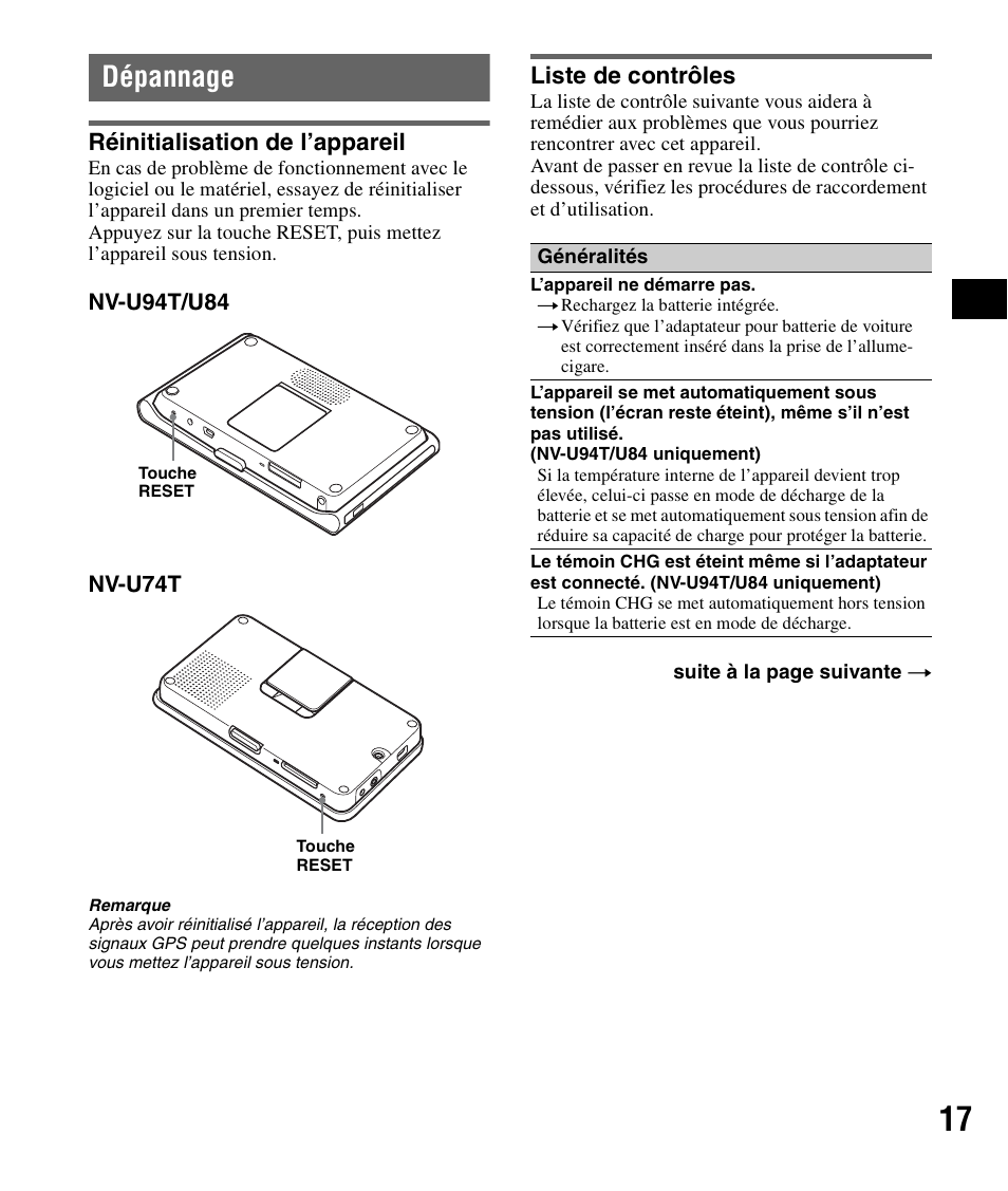 Dépannage, Réinitialisation de l’appareil, Liste de contrôles | Sony NV-U84 User Manual | Page 35 / 60