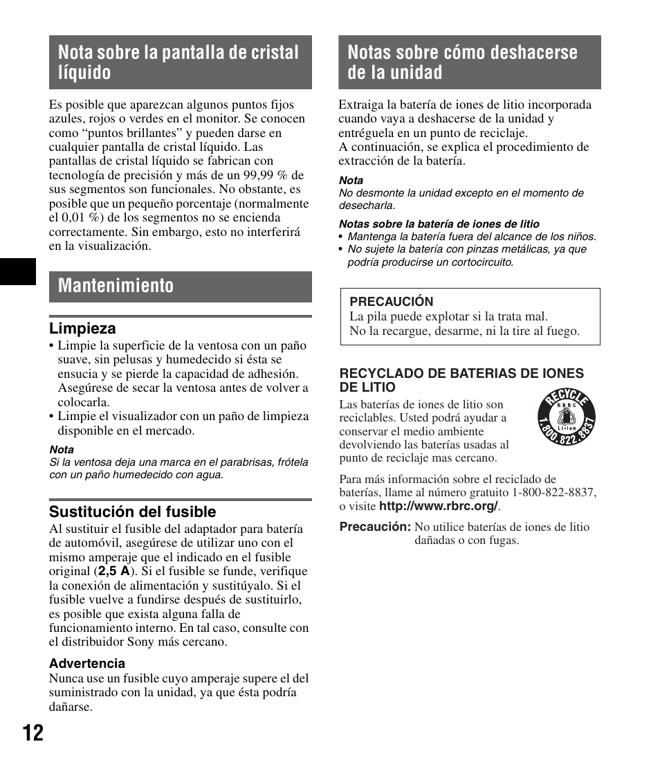 Nota sobre la pantalla de cristal líquido, Mantenimiento, Limpieza | Sustitución del fusible, Notas sobre cómo deshacerse de la unidad | Sony NV-U84 User Manual | Page 50 / 60