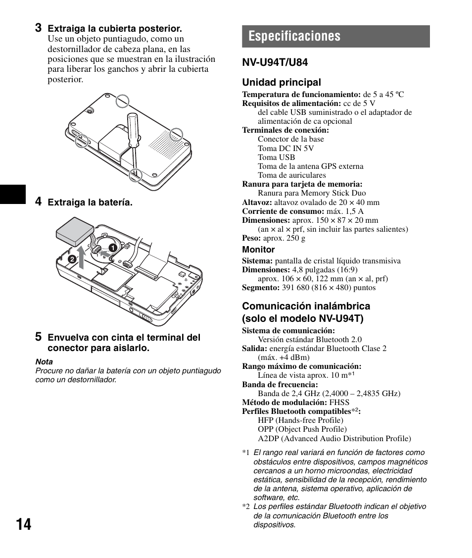 Especificaciones, Nv-u94t/u84 | Sony NV-U84 User Manual | Page 52 / 60