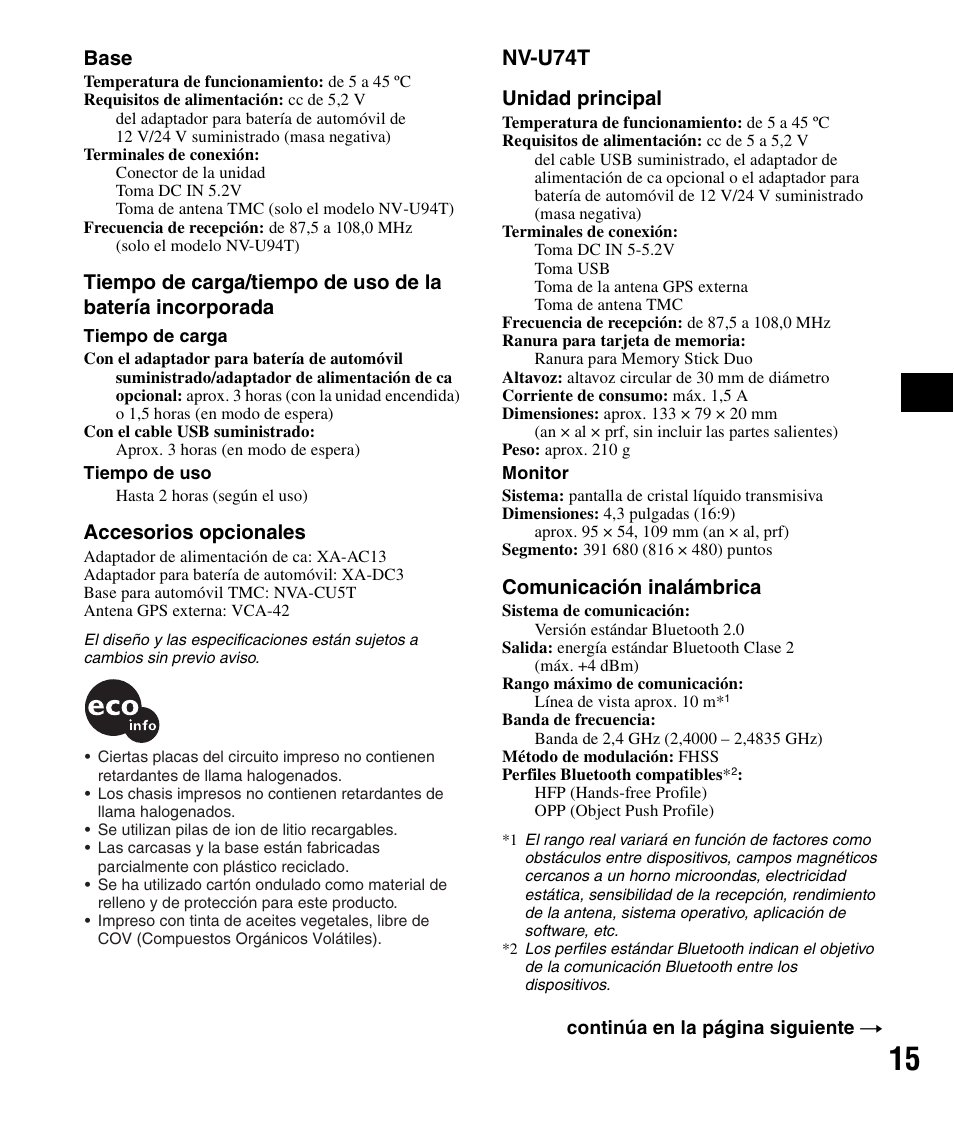 Nv-u74t, Base, Accesorios opcionales | Unidad principal, Comunicación inalámbrica | Sony NV-U84 User Manual | Page 53 / 60