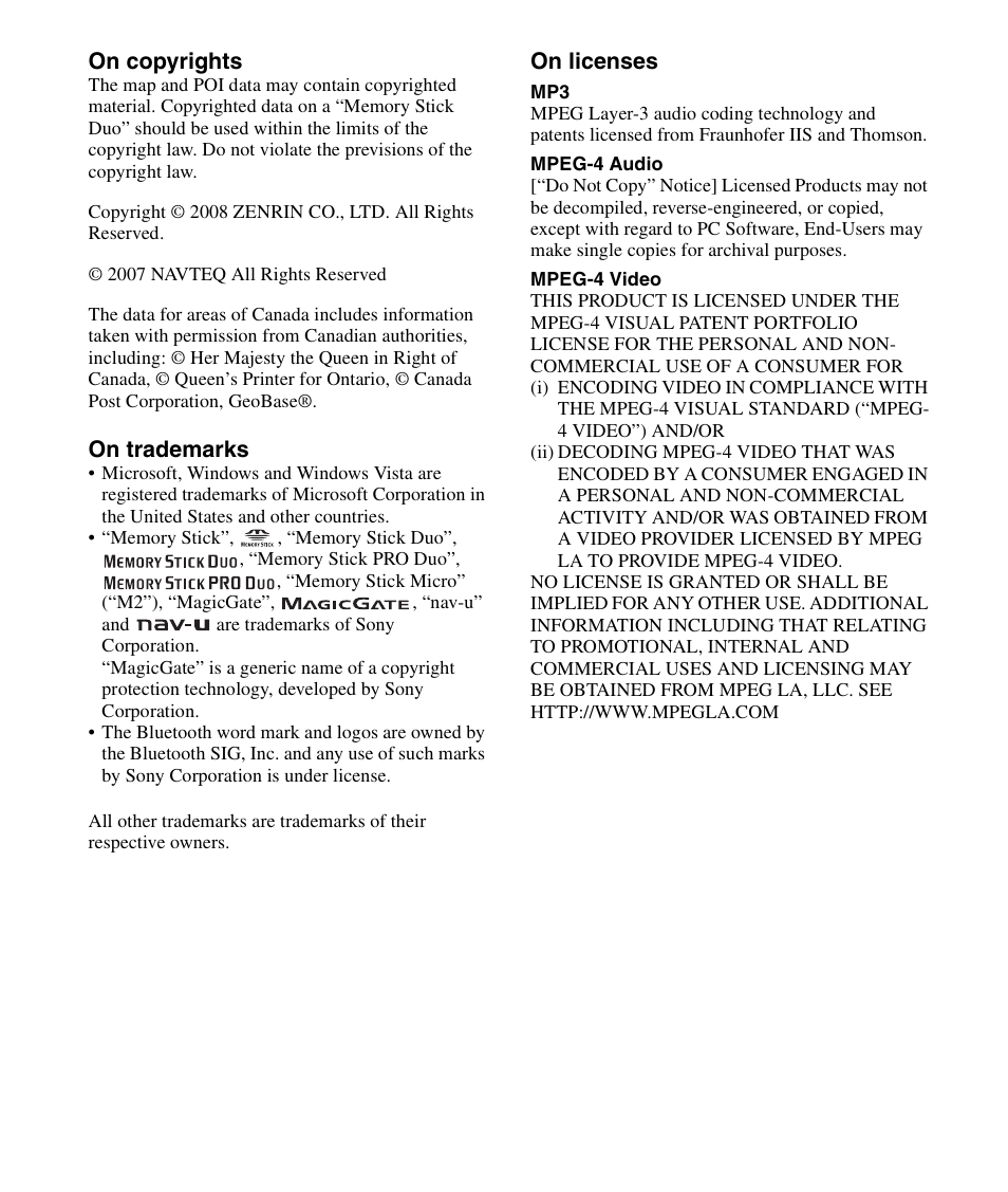 On copyrights, On trademarks, On licenses | Sony NV-U84 User Manual | Page 59 / 60