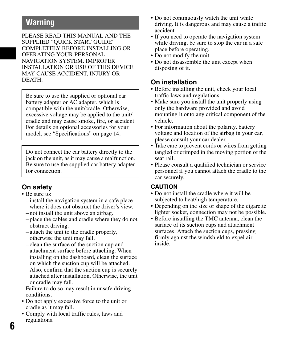 Warning | Sony NV-U84 User Manual | Page 6 / 60