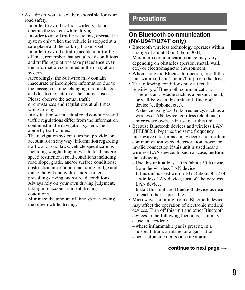 Precautions, On bluetooth communication (nv-u94t/u74t only) | Sony NV-U84 User Manual | Page 9 / 60