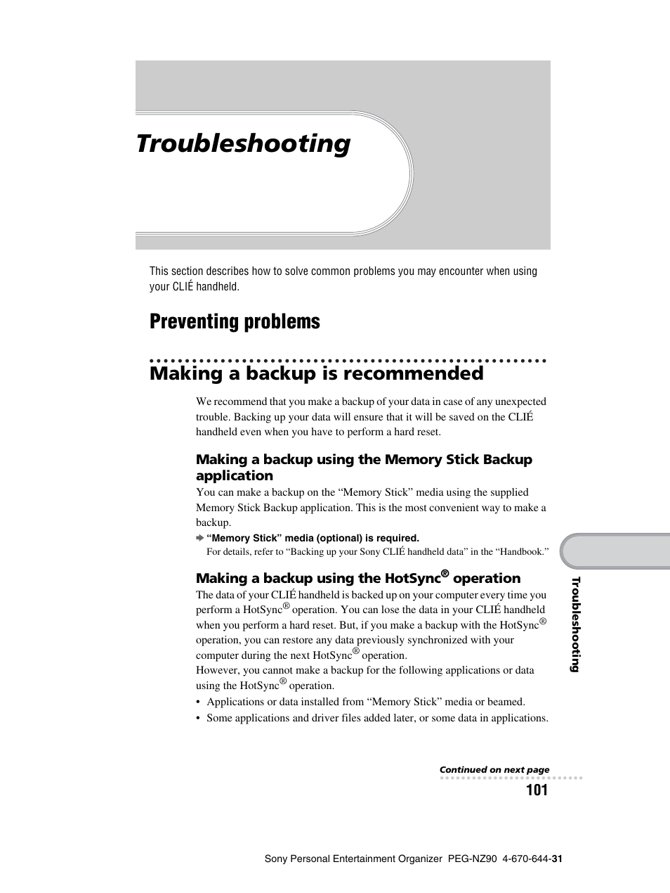 Troubleshooting, Preventing problems, Making a backup is recommended | Sony PEG-NZ90 User Manual | Page 101 / 115