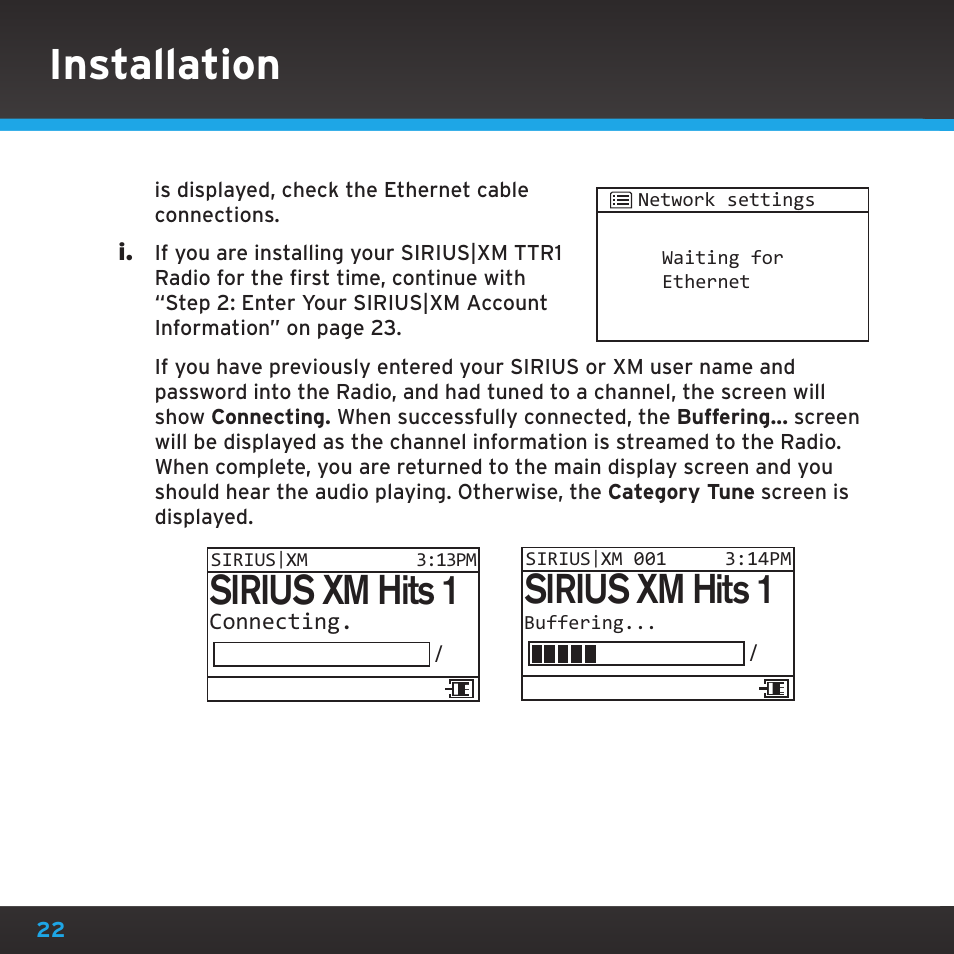 Installation, Sirius xm hits 1 | Sony TTR1 User Manual | Page 22 / 88