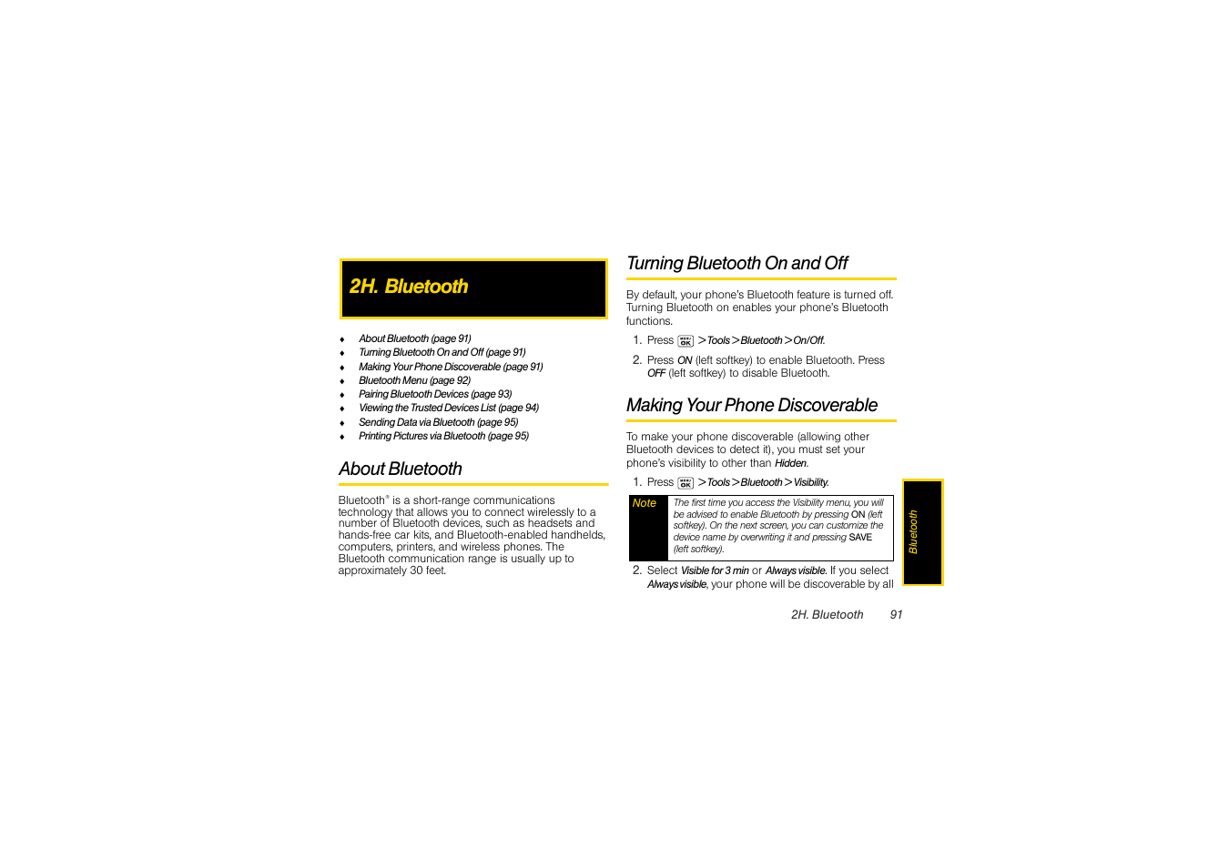 2h. bluetooth, About bluetooth, Turning bluetooth on and off | Making your phone discoverable | Sony SCP-3810 User Manual | Page 103 / 160