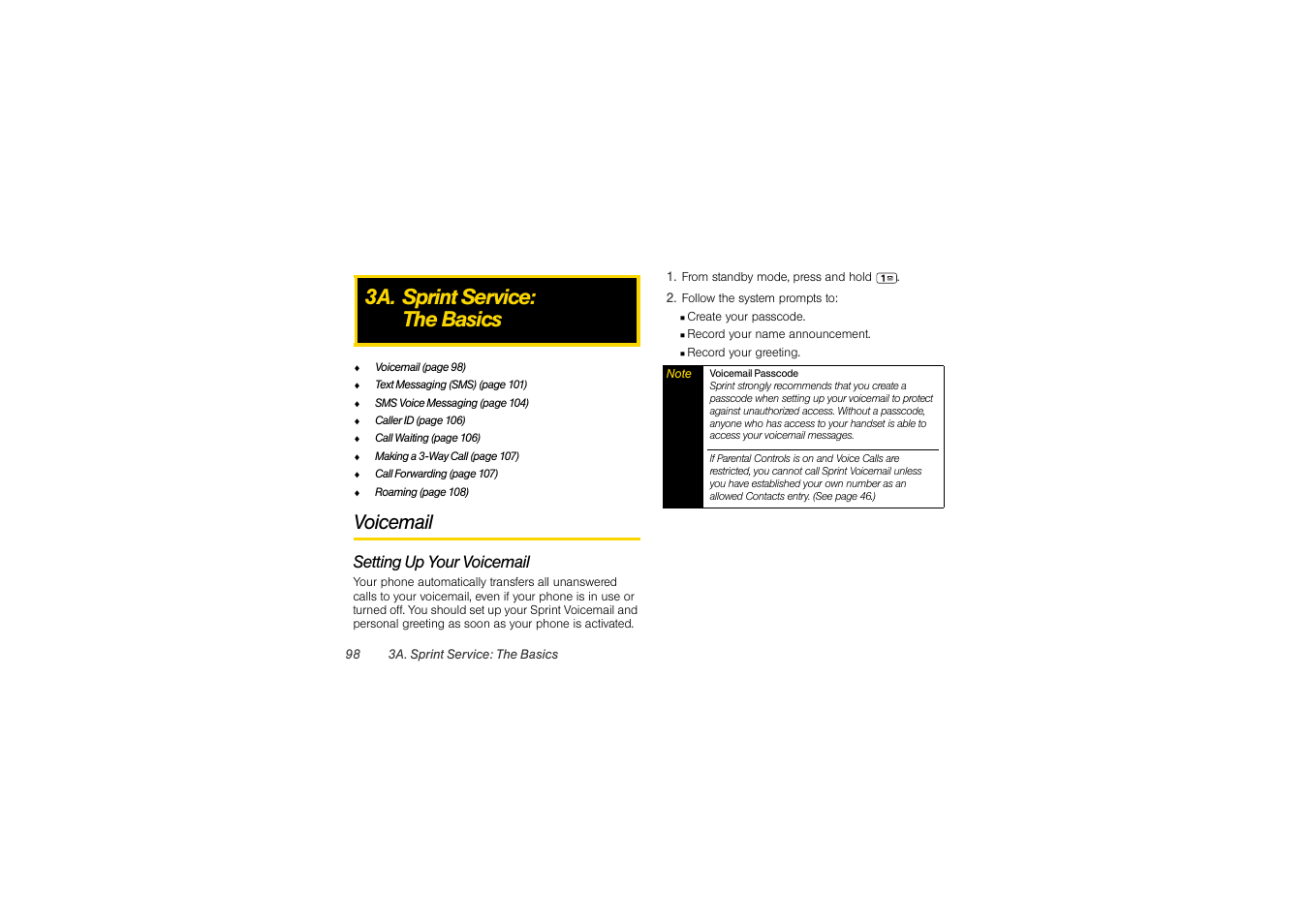 3a. sprint service: the basics, Voicemail, Setting up your voicemail | 3a. sprint service, The basics | Sony SCP-3810 User Manual | Page 110 / 160