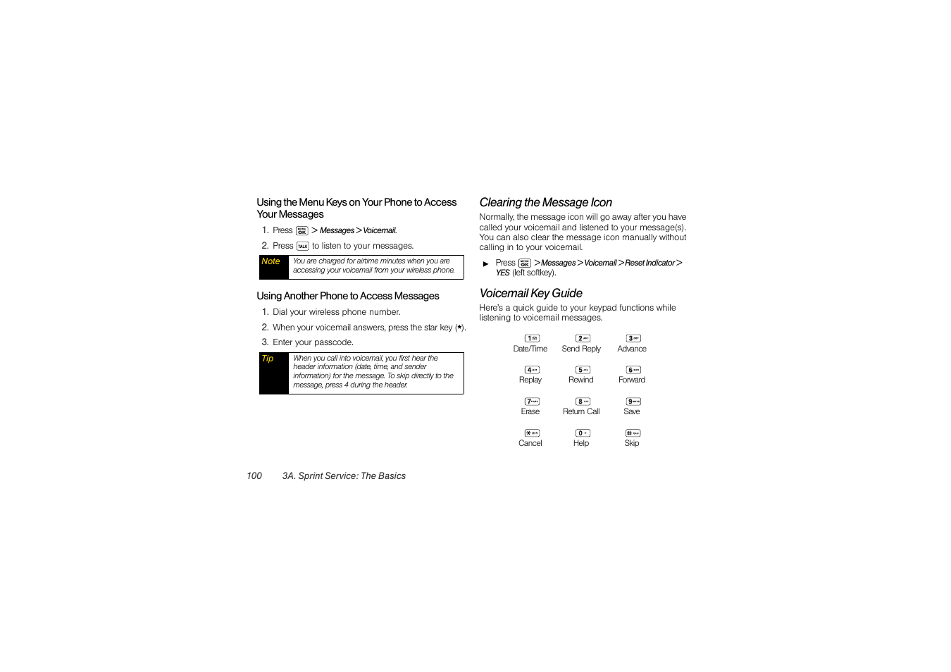 Clearing the message icon, Voicemail key guide | Sony SCP-3810 User Manual | Page 112 / 160