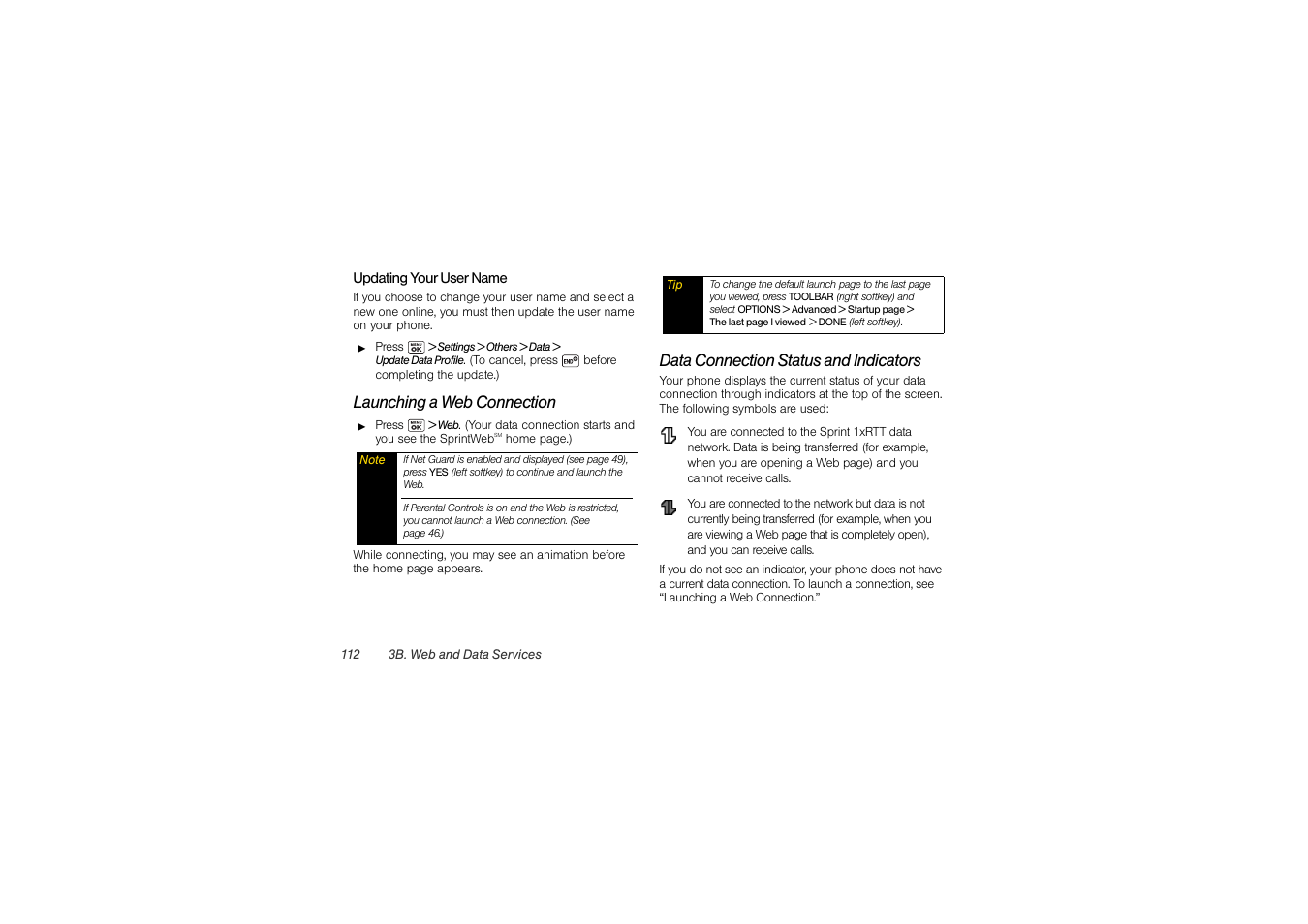 Launching a web connection, Data connection status and indicators | Sony SCP-3810 User Manual | Page 124 / 160