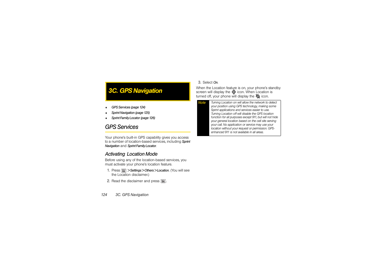 3c. gps navigation, Gps services, Activating location mode | Sony SCP-3810 User Manual | Page 136 / 160