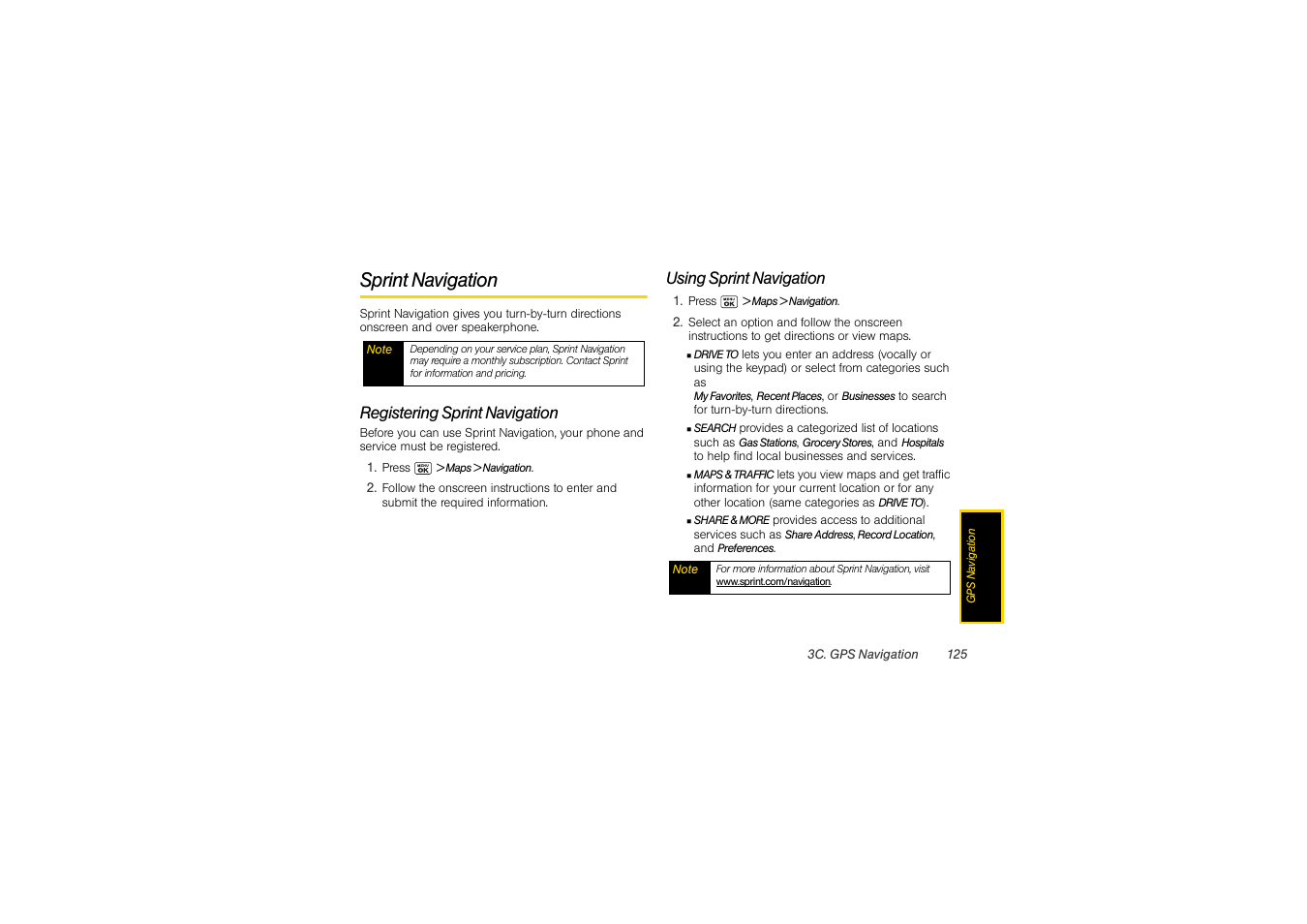 Sprint navigation, Registering sprint navigation, Using sprint navigation | Sony SCP-3810 User Manual | Page 137 / 160