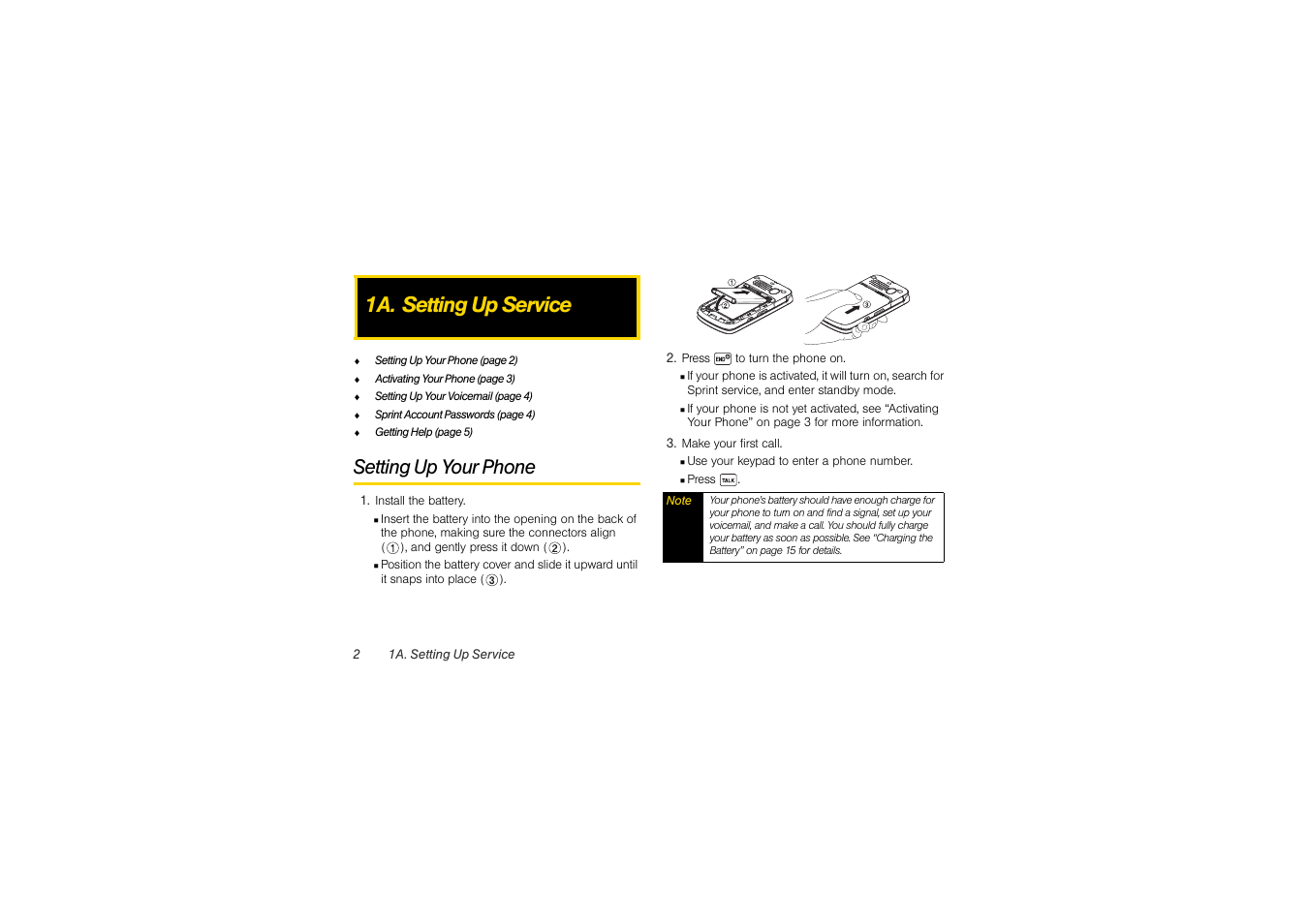 1a. setting up service, Setting up your phone | Sony SCP-3810 User Manual | Page 14 / 160