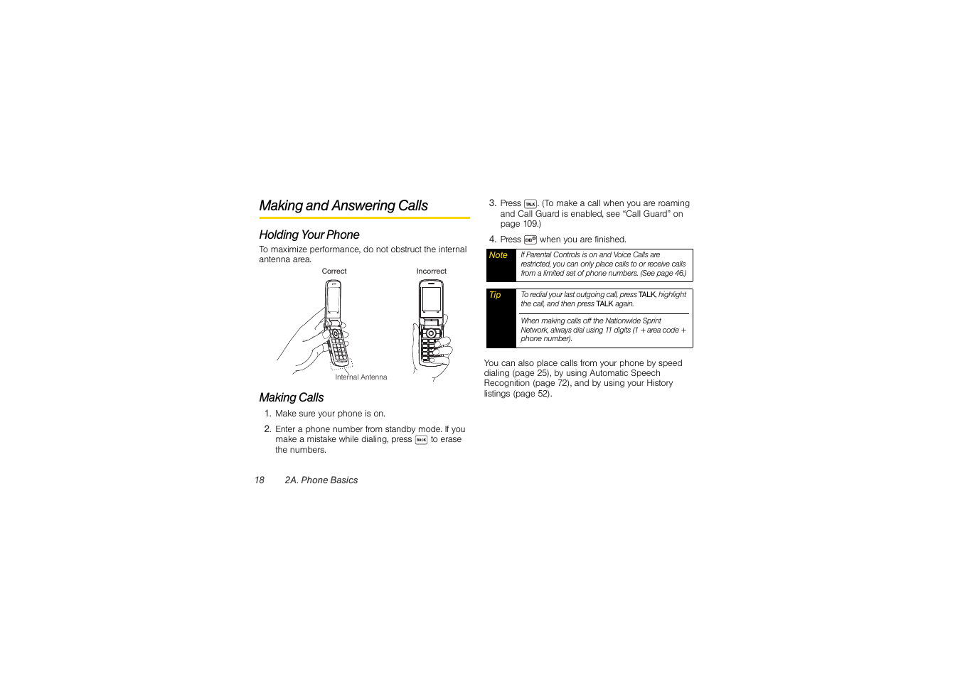 Making and answering calls, Holding your phone, Making calls | Sony SCP-3810 User Manual | Page 30 / 160