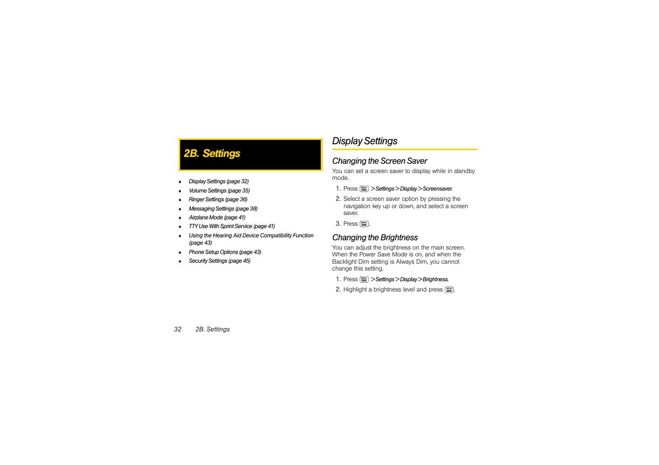 2b. settings, Display settings, Changing the screen saver | Changing the brightness | Sony SCP-3810 User Manual | Page 44 / 160