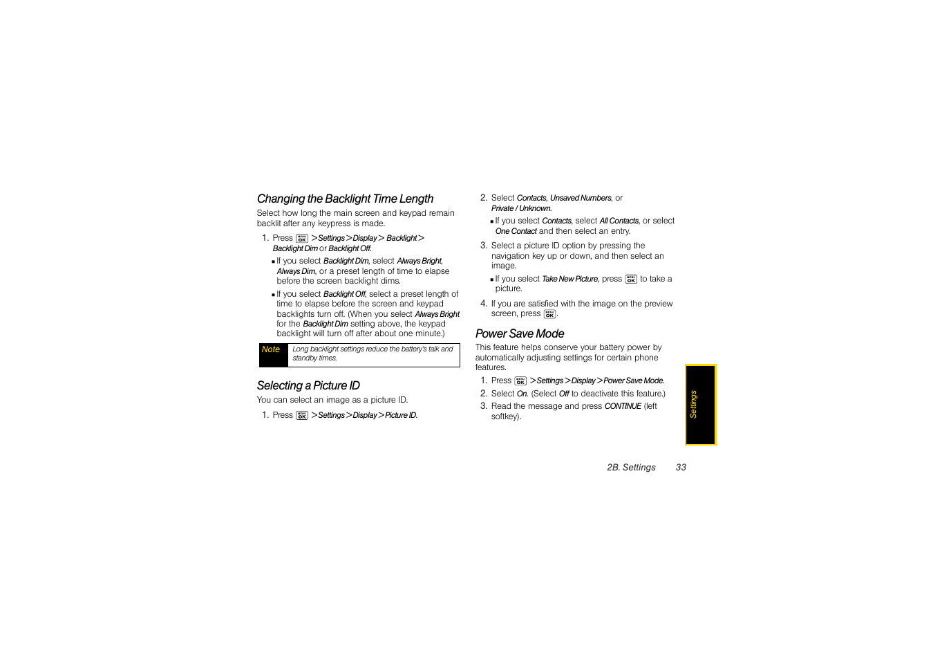 Changing the backlight time length, Selecting a picture id, Power save mode | Sony SCP-3810 User Manual | Page 45 / 160