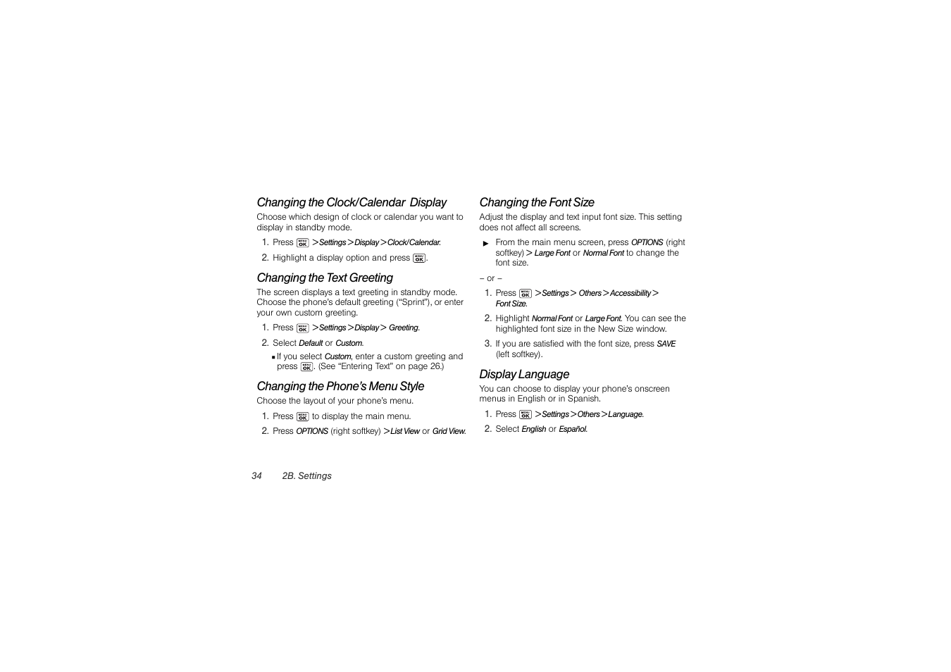 Changing the clock/calendar display, Changing the text greeting, Changing the phone’s menu style | Changing the font size, Display language | Sony SCP-3810 User Manual | Page 46 / 160