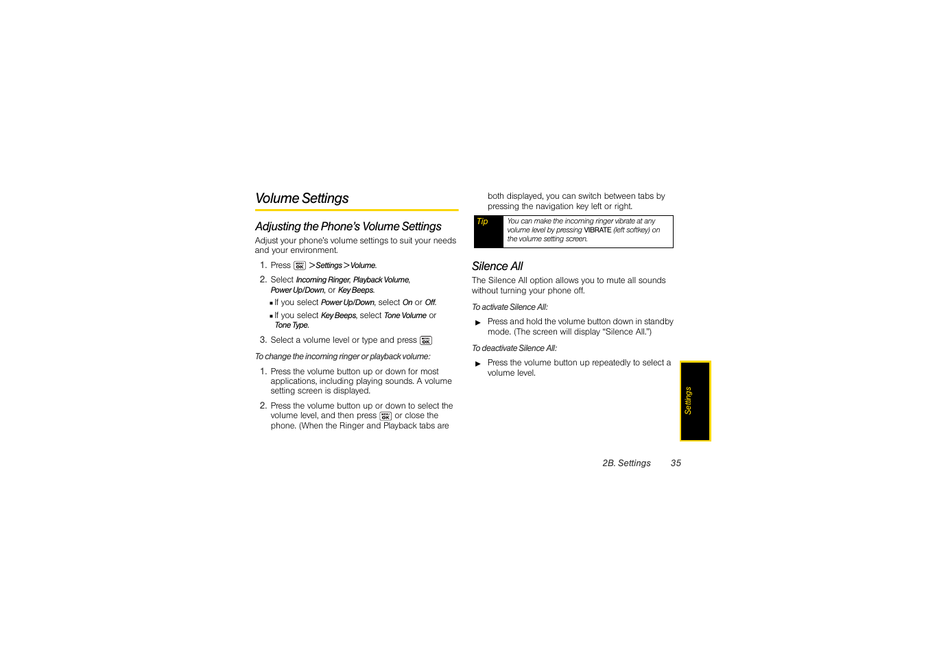 Volume settings, Adjusting the phone’s volume settings, Silence all | Sony SCP-3810 User Manual | Page 47 / 160