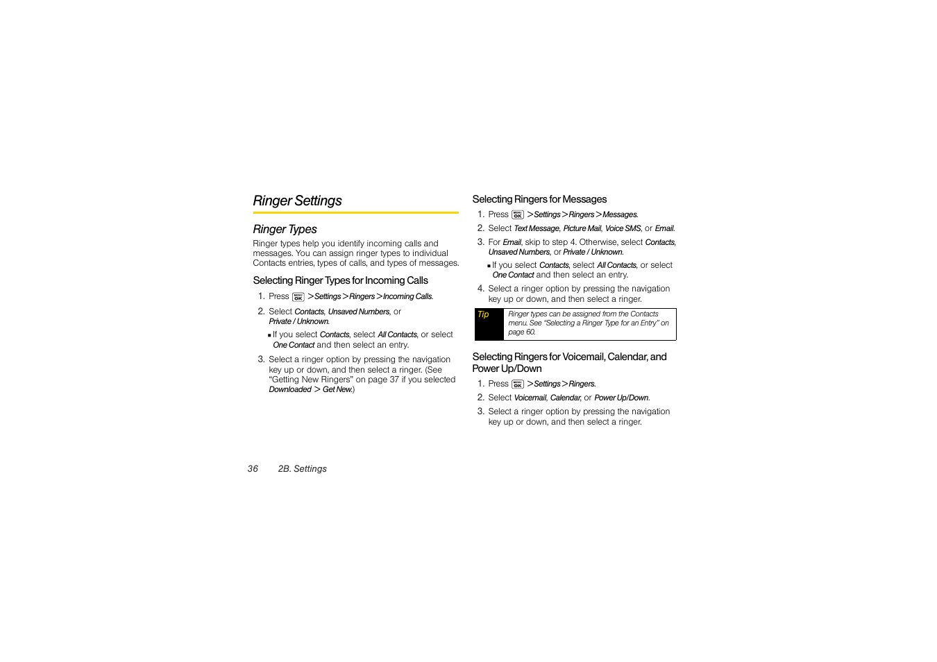 Ringer settings, Ringer types | Sony SCP-3810 User Manual | Page 48 / 160