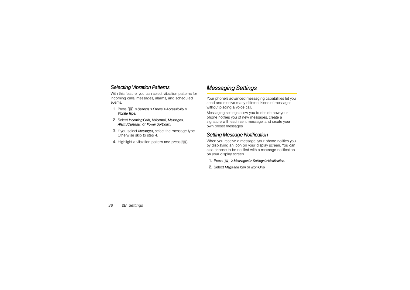 Selecting vibration patterns, Messaging settings, Setting message notification | Sony SCP-3810 User Manual | Page 50 / 160