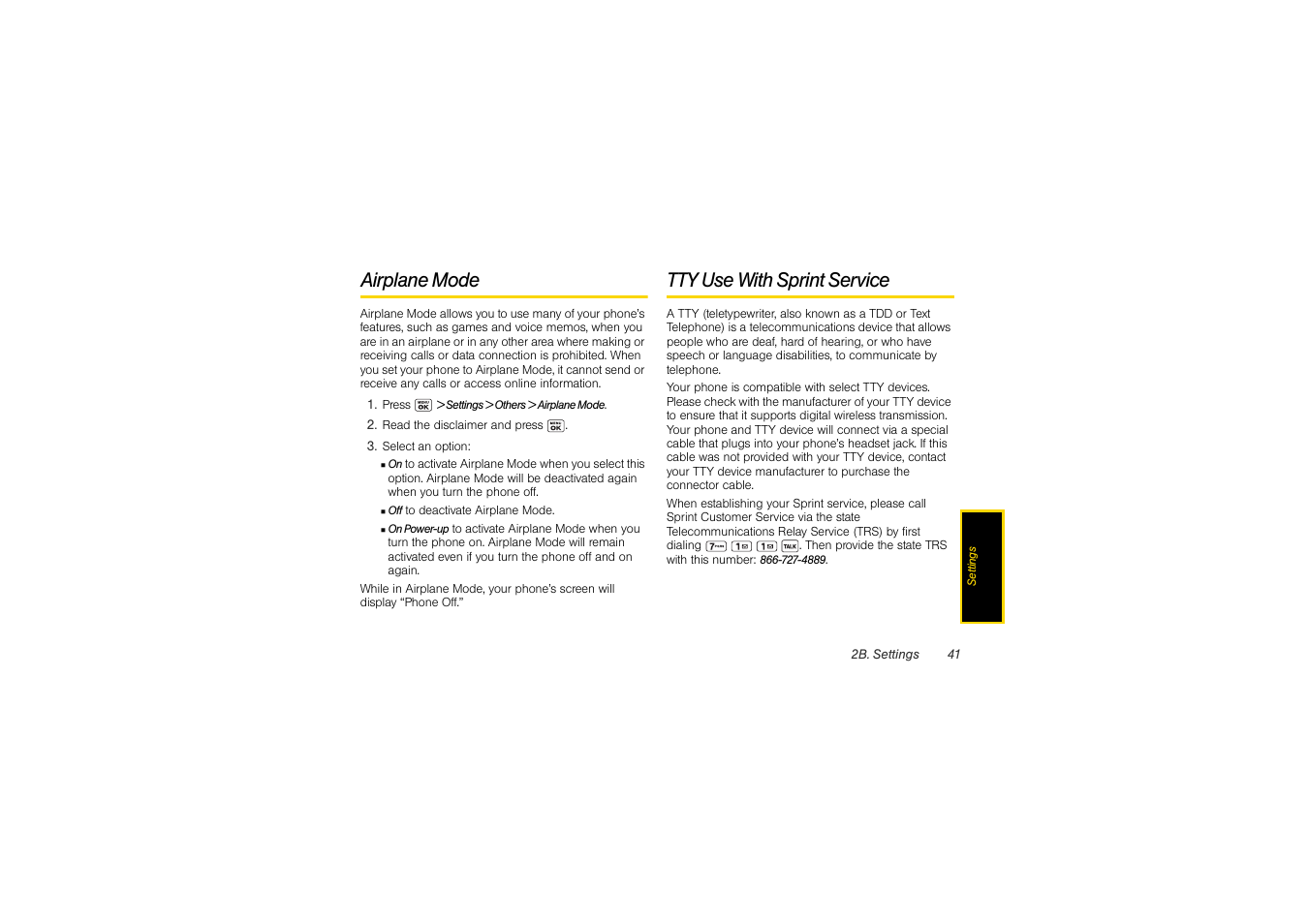 Airplane mode, Tty use with sprint service | Sony SCP-3810 User Manual | Page 53 / 160