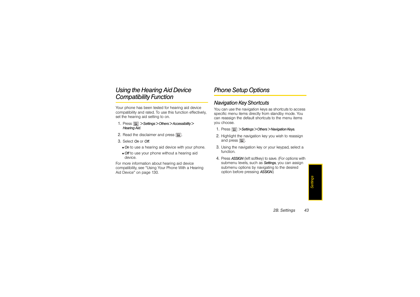 Phone setup options, Navigation key shortcuts, Using the hearing aid device compatibility | Function | Sony SCP-3810 User Manual | Page 55 / 160