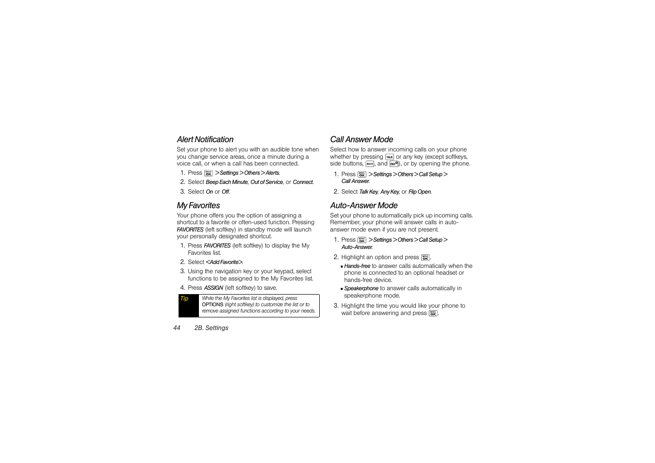 Alert notification, My favorites, Call answer mode | Auto-answer mode | Sony SCP-3810 User Manual | Page 56 / 160