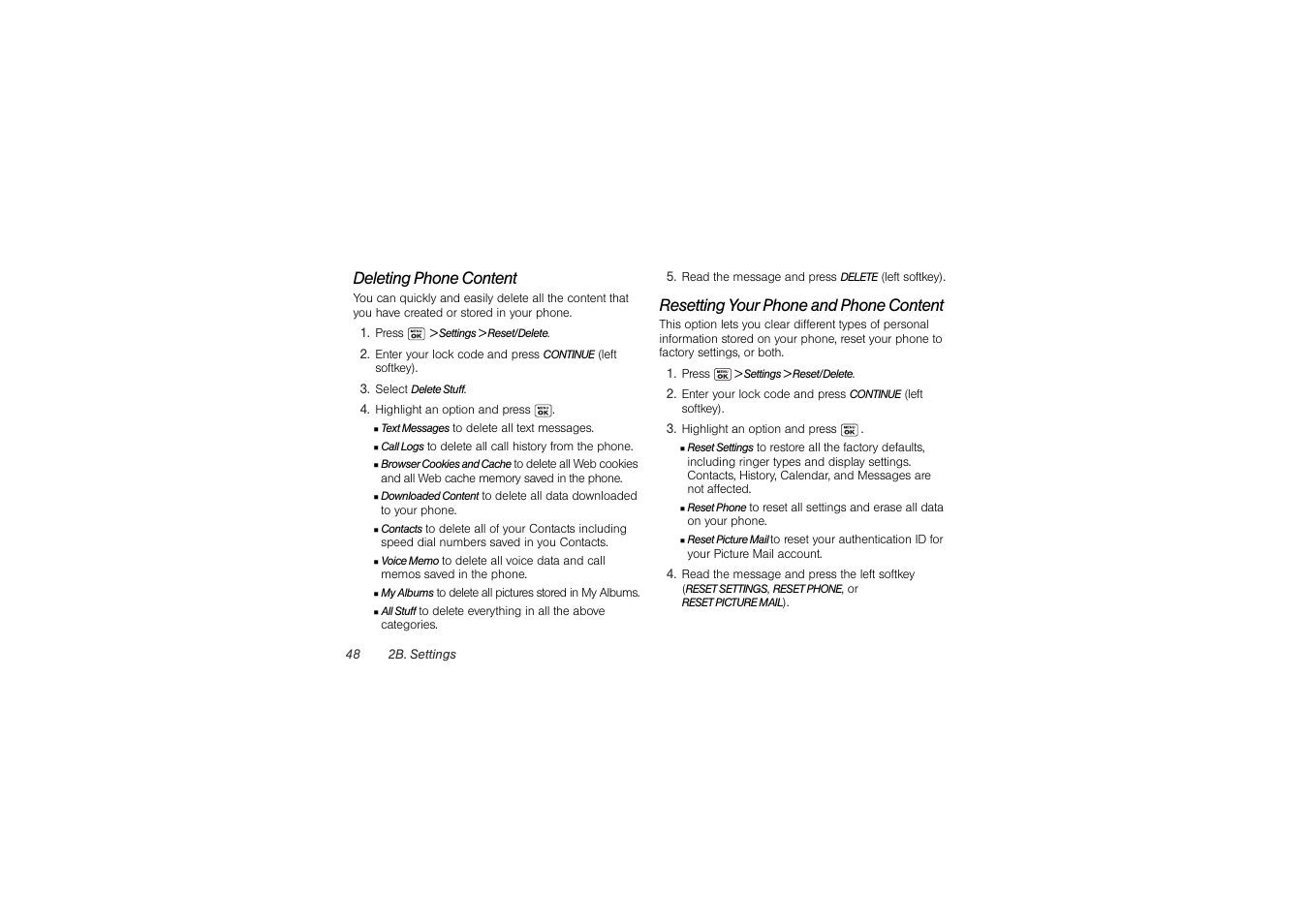 Deleting phone content, Resetting your phone and phone content | Sony SCP-3810 User Manual | Page 60 / 160