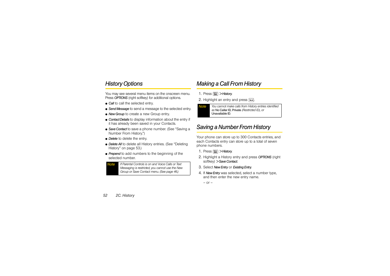 History options, Making a call from history, Saving a number from history | Sony SCP-3810 User Manual | Page 64 / 160