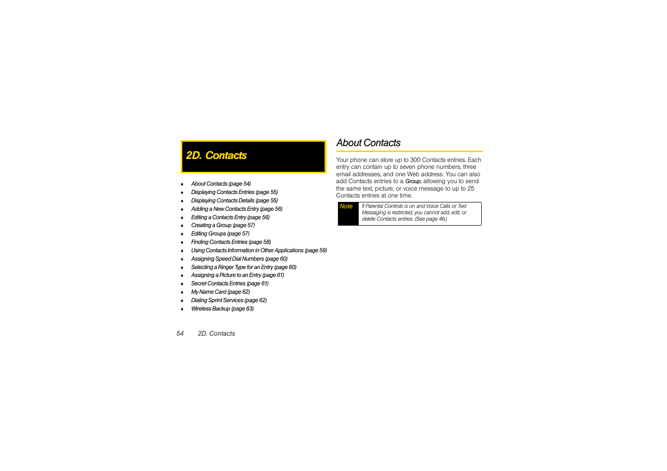 2d. contacts, About contacts | Sony SCP-3810 User Manual | Page 66 / 160