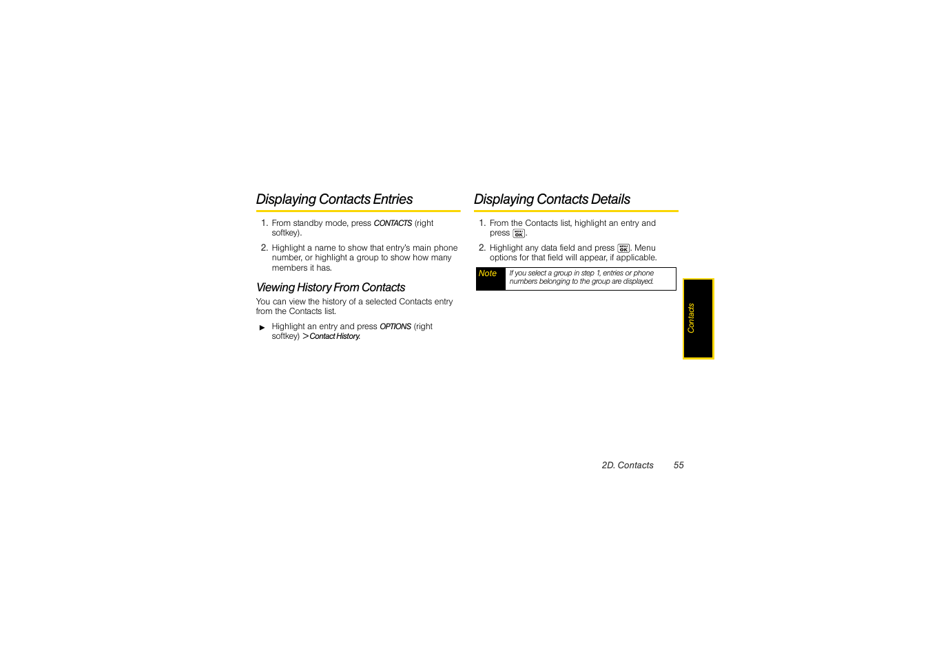 Displaying contacts entries, Viewing history from contacts, Displaying contacts details | Sony SCP-3810 User Manual | Page 67 / 160