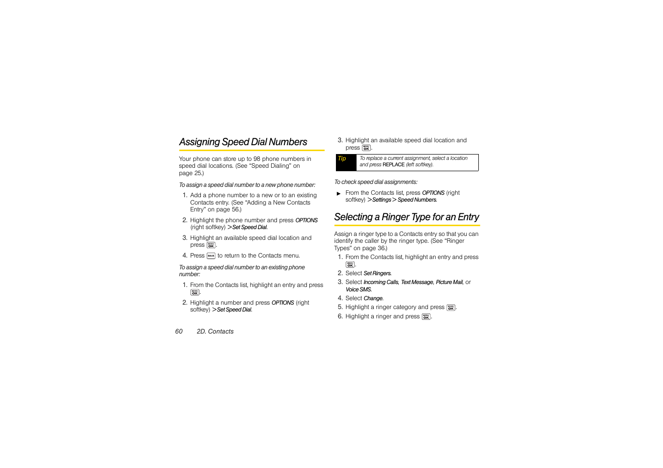 Assigning speed dial numbers, Selecting a ringer type for an entry | Sony SCP-3810 User Manual | Page 72 / 160