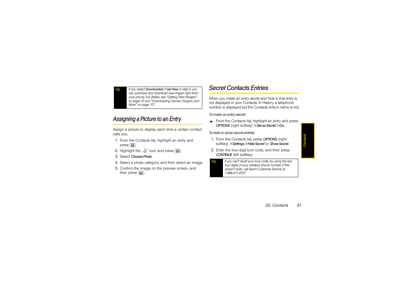 Assigning a picture to an entry, Secret contacts entries | Sony SCP-3810 User Manual | Page 73 / 160