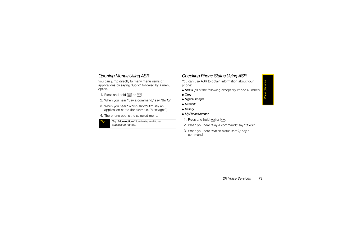 Opening menus using asr, Checking phone status using asr | Sony SCP-3810 User Manual | Page 85 / 160