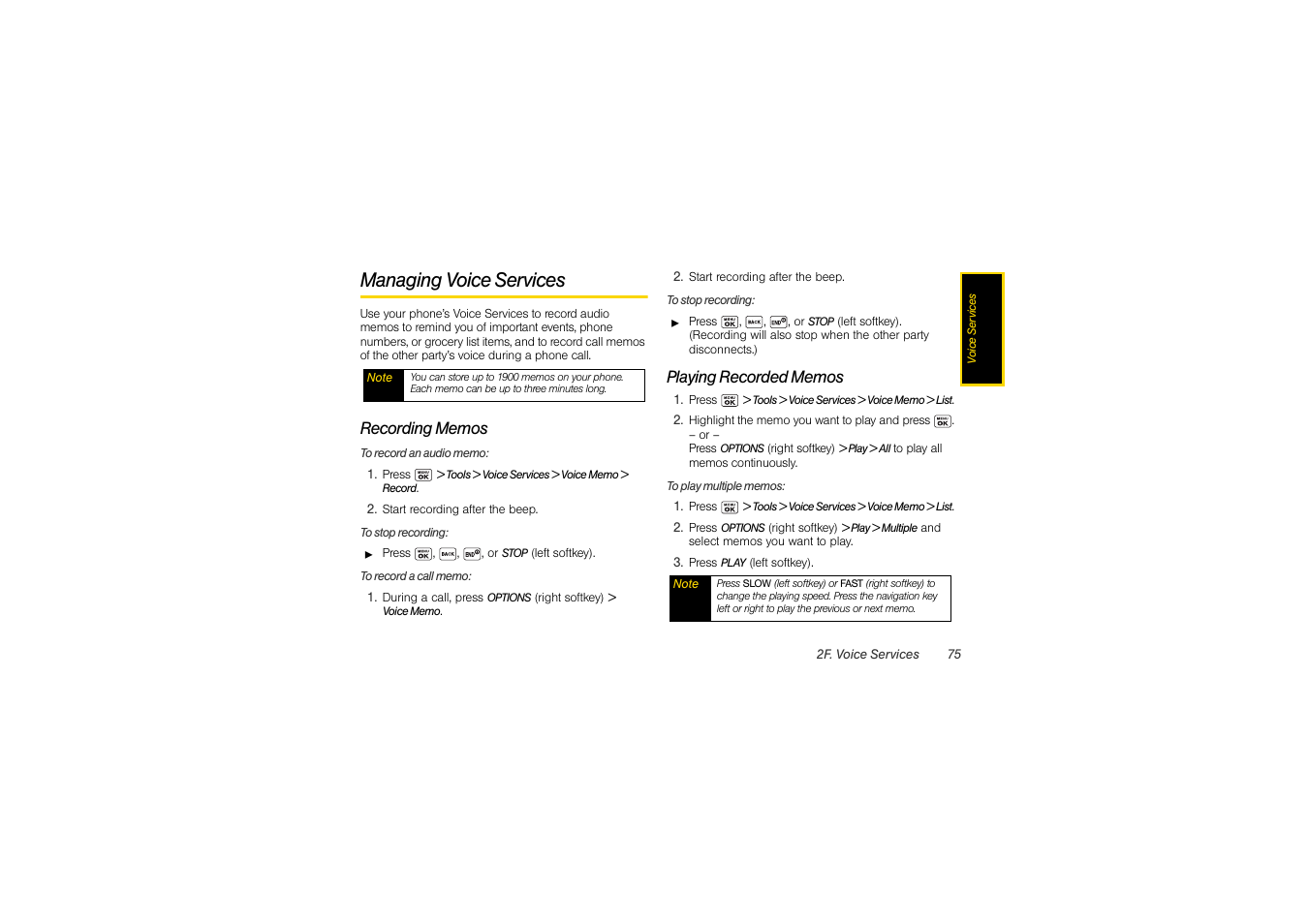 Managing voice services, Recording memos, Playing recorded memos | Sony SCP-3810 User Manual | Page 87 / 160