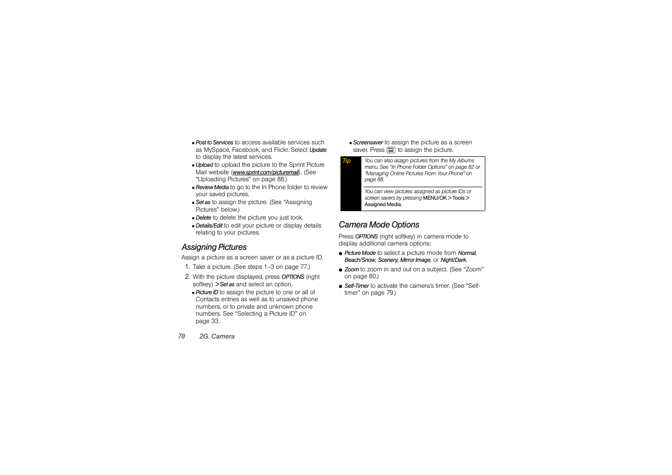 Assigning pictures, Camera mode options | Sony SCP-3810 User Manual | Page 90 / 160