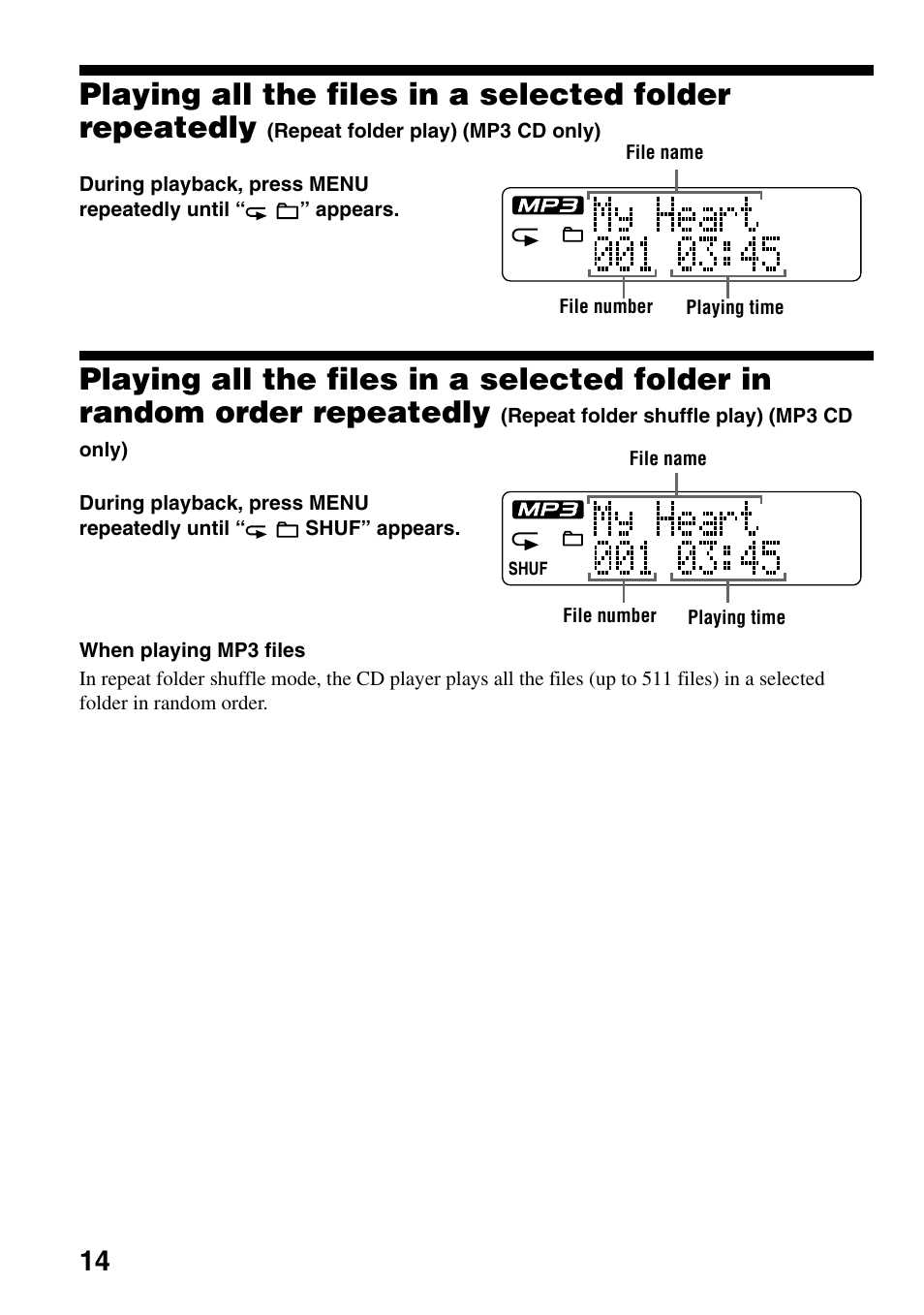 Playing all the files in a selected folder, Repeatedly (repeat folder play) (mp3 cd only), Playing all the files in a selected folder in | Sony D-CJ506CK User Manual | Page 14 / 32