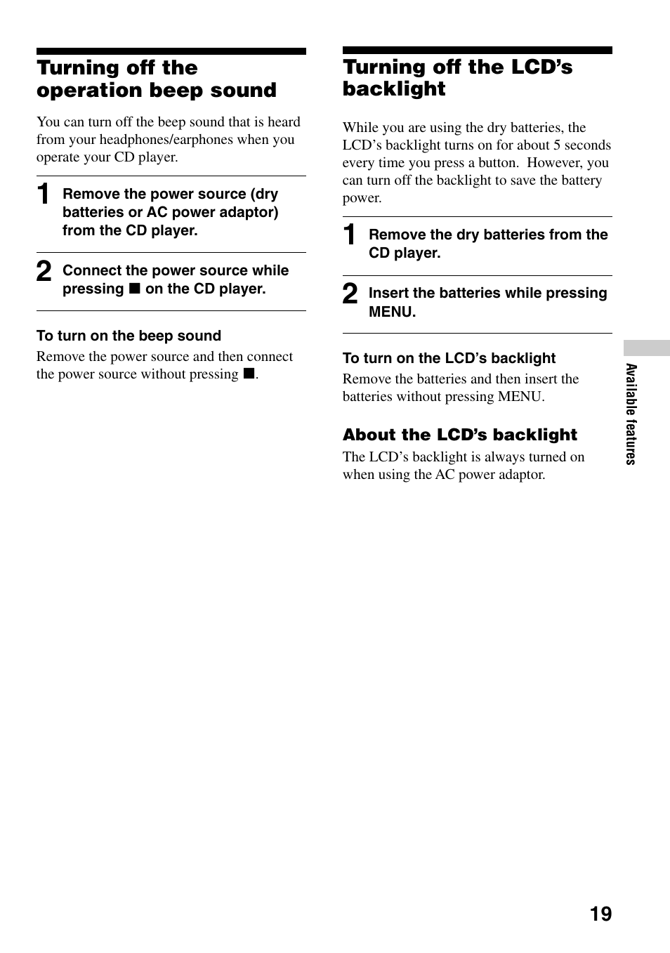 Turning off the operation beep sound, Turning off the lcd’s backlight | Sony D-CJ506CK User Manual | Page 19 / 32