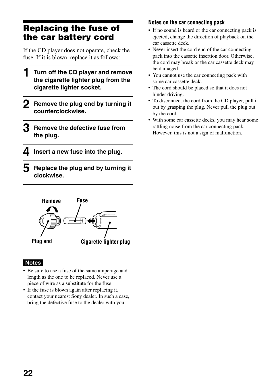 Replacing the fuse of the car battery cord, Replacing the fuse of the car battery cord . 22, 22 replacing the fuse of the car battery cord | Sony D-CJ506CK User Manual | Page 22 / 32