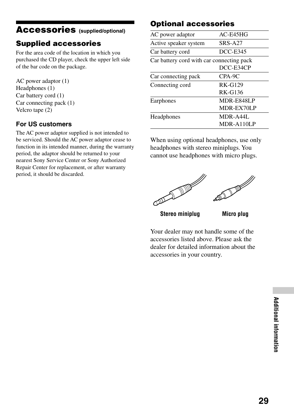 Accessories (supplied/optional), Accessories | Sony D-CJ506CK User Manual | Page 29 / 32