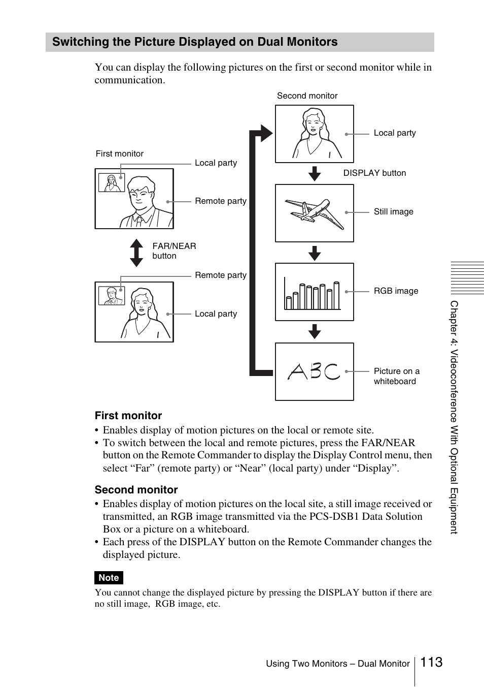 Switching the picture displayed on dual monitors, Switching the picture displayed on, Dual monitors | Sony PCS-1/1P User Manual | Page 113 / 216