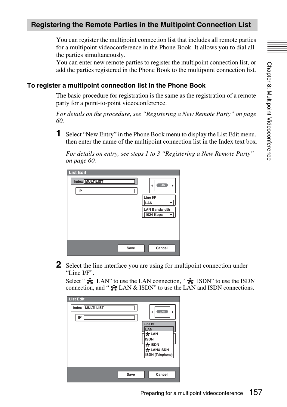 Registering the remote parties in, The multipoint connection list | Sony PCS-1/1P User Manual | Page 157 / 216